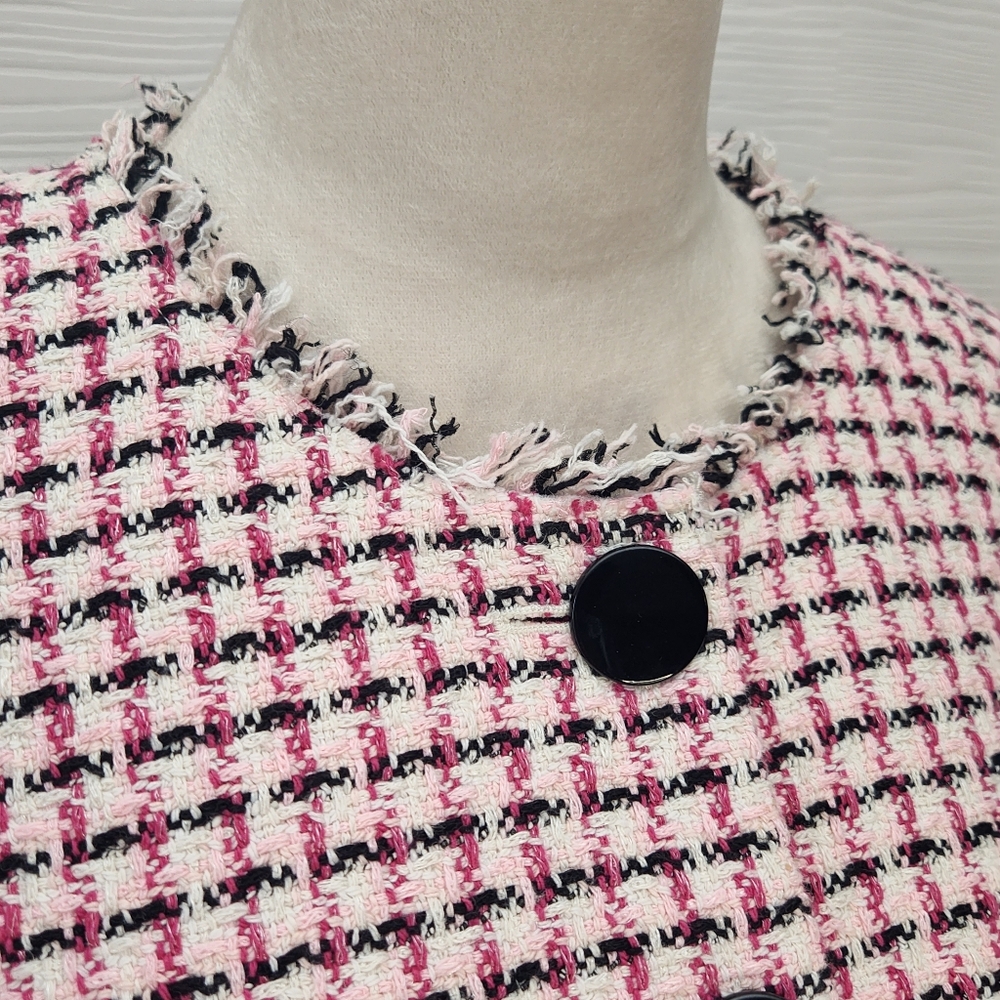 Kate Spade New York Pink Cropped Tweed Peplum Jacket Size 8 Fringe Bold Buttons - Picture 10 of 15